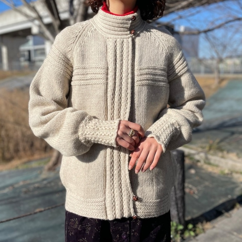 Vintage 100% Wool Sweater Eddie Bauer Tan Zip-Up Cardigan Pockets Size Medium